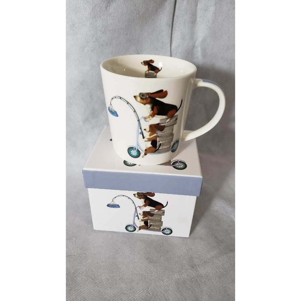 Fab-Funky Basset Hounds Funny Scooter Dogs Bone China Art Tea Mug.