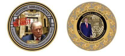 TRUMP INDICTMENT COIN #1, FIRST IN A COIN SERIES CHRONICLING THE INDICTMENTS, TRIALS & DEFENSES OF PRESIDENT DONALD J. TRUMP, GLOBALLY RENOWNED HISTORIC MOMENTS COIN SERIES BY GIANNINI & ORIGINAL