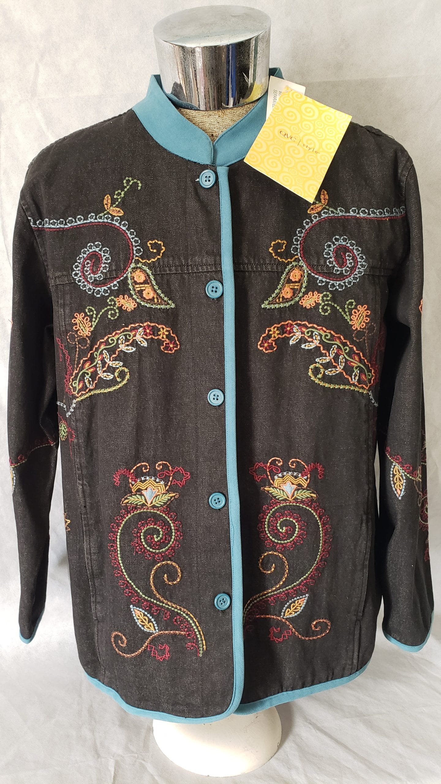 Boho Gray Denim & Co Paisley Embroider Button Jacket QVC Women Plus 1X Hippie