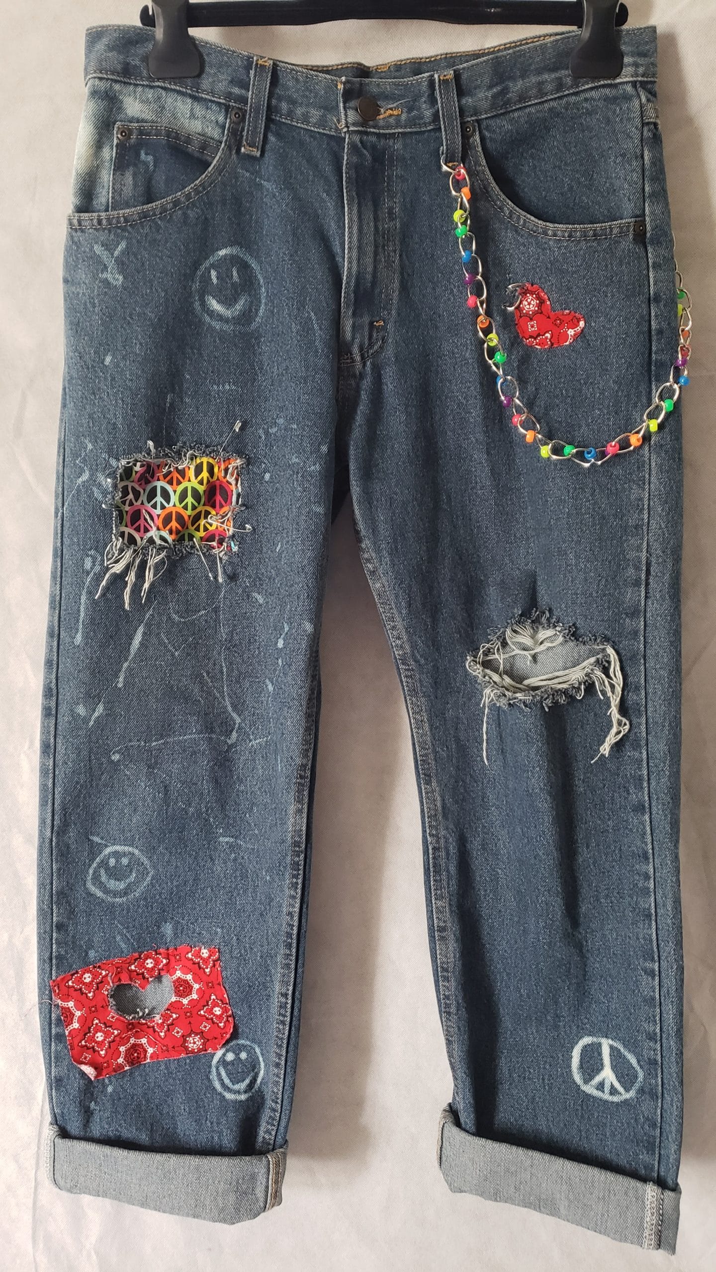 Peace Wrangler Gypsy Jeans Premium Patch Boho Denim Hippie Groovy Love Men's 32