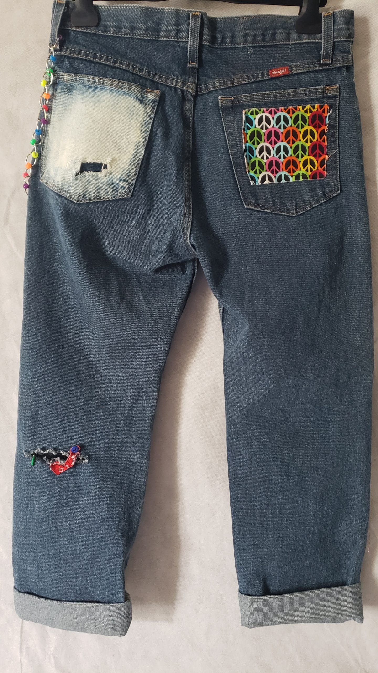 Men’s Upcycled Denim Jeans – Boho Patchwork Peace Wrangler Style – Size 32 - Image 11