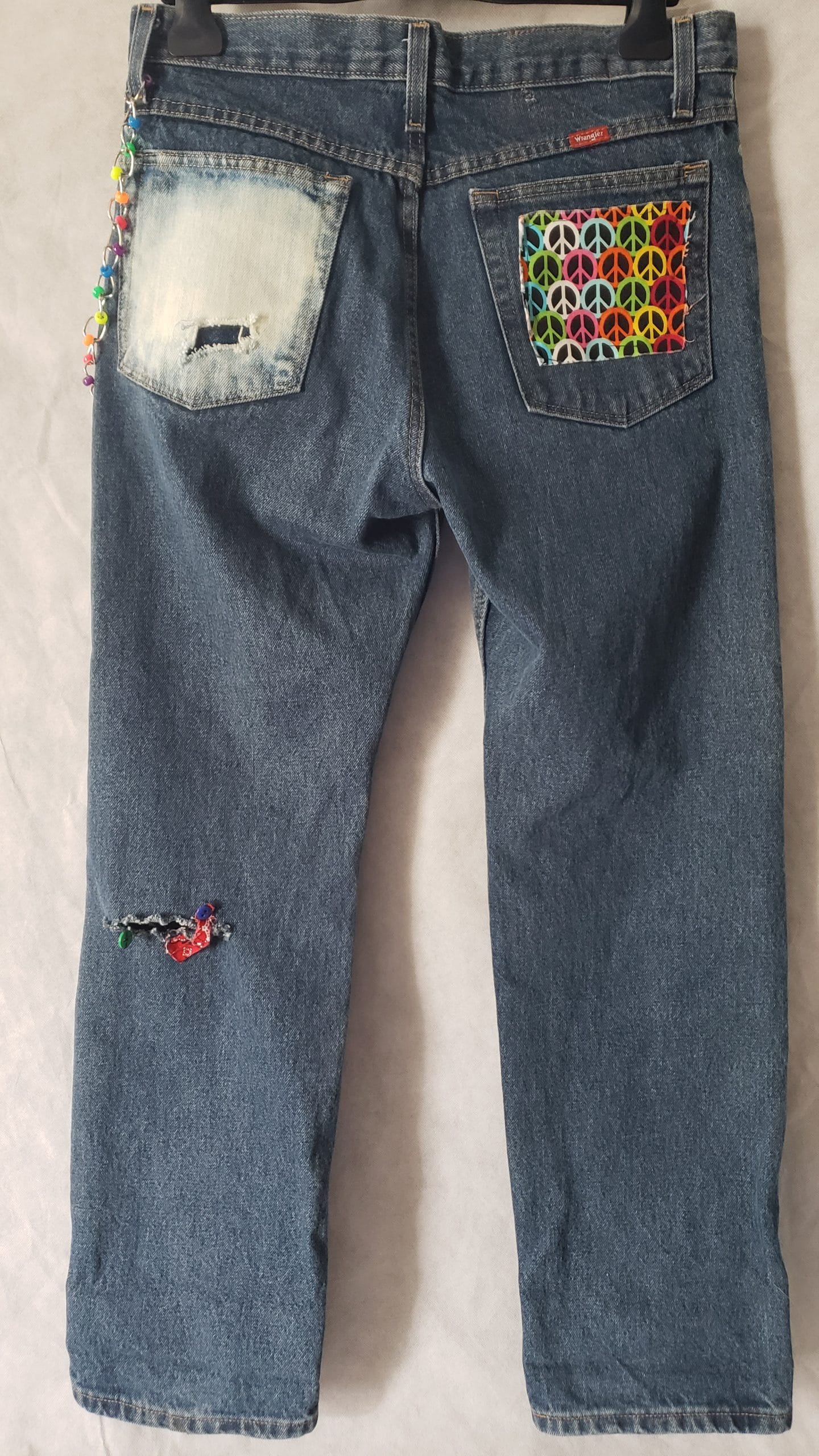Men’s Upcycled Denim Jeans – Boho Patchwork Peace Wrangler Style – Size 32 - Image 15