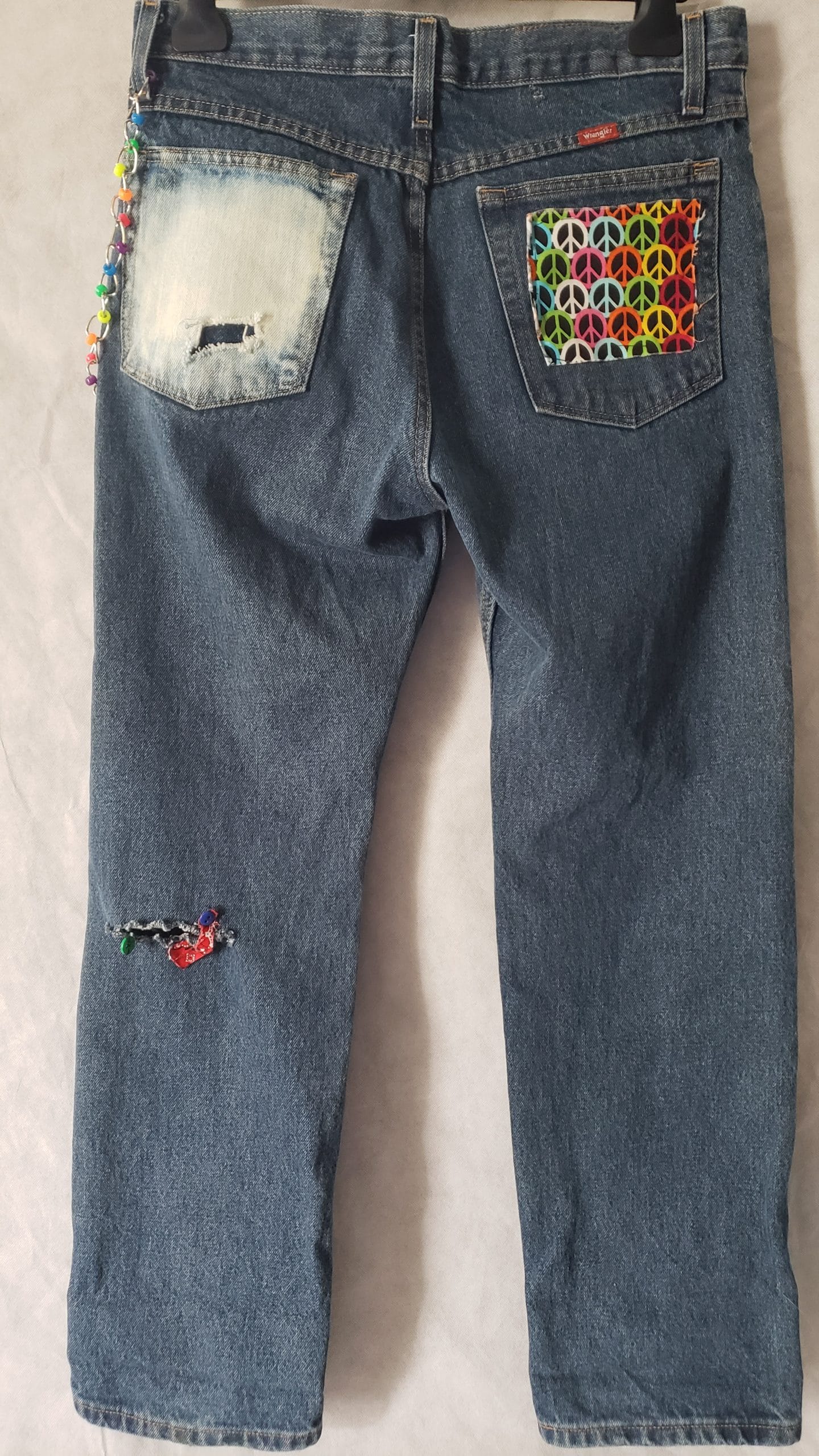 Men’s Upcycled Denim Jeans – Boho Patchwork Peace Wrangler Style – Size 32 - Image 16