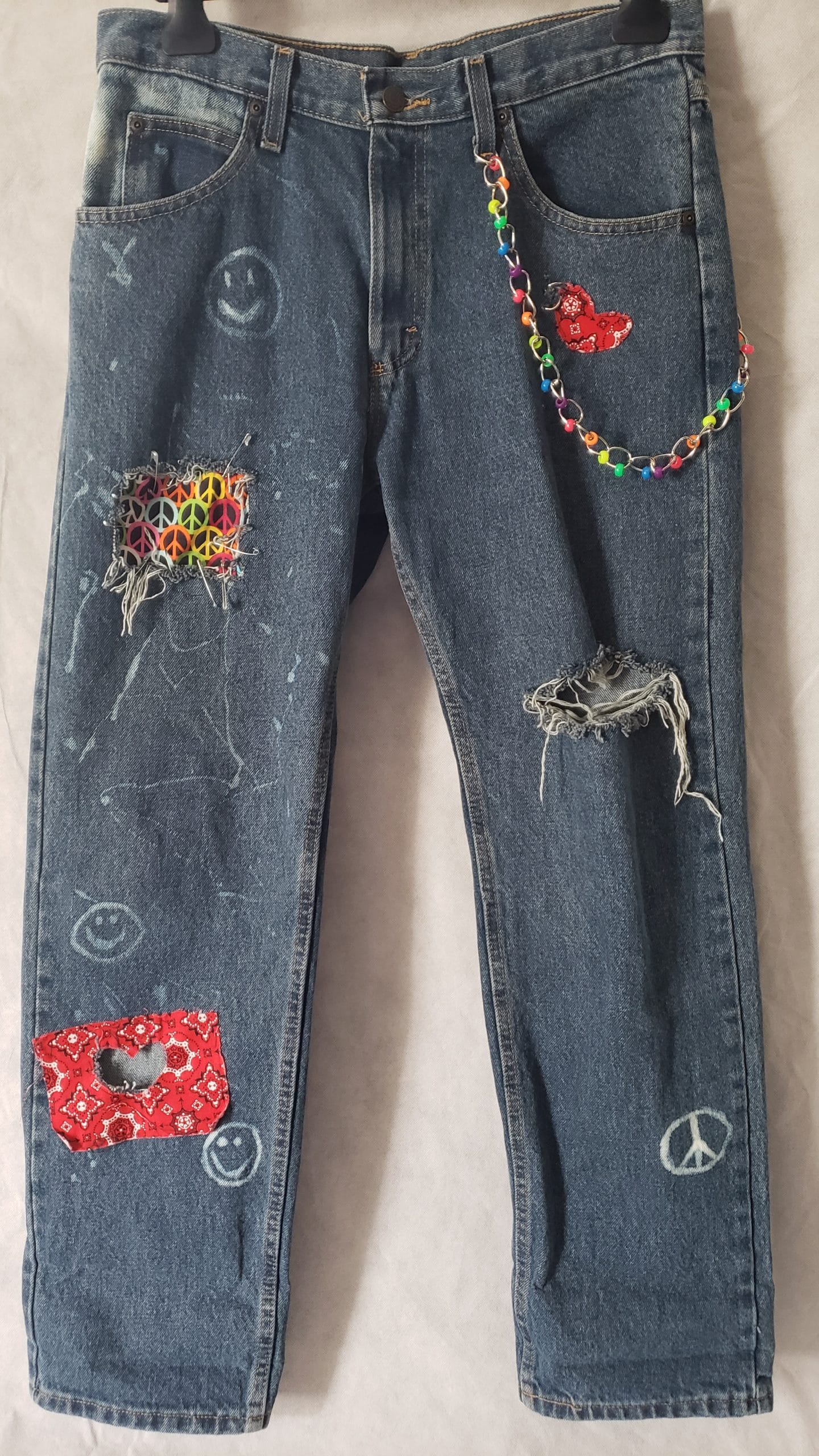 Men’s Upcycled Denim Jeans – Boho Patchwork Peace Wrangler Style – Size 32 - Image 17