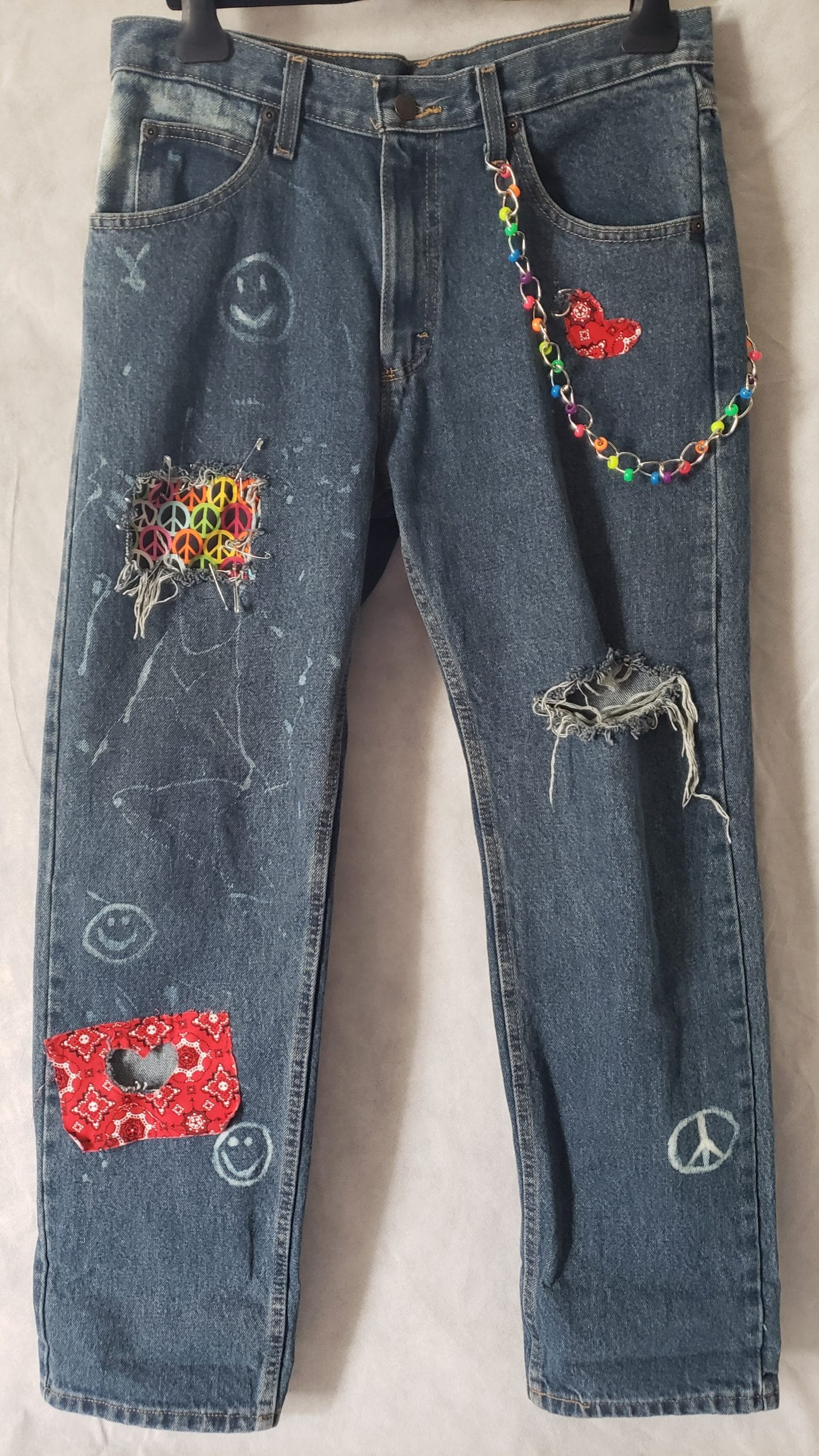Peace Wrangler Gypsy Jeans Premium Patch Boho Denim Hippie Groovy Love Men's 32