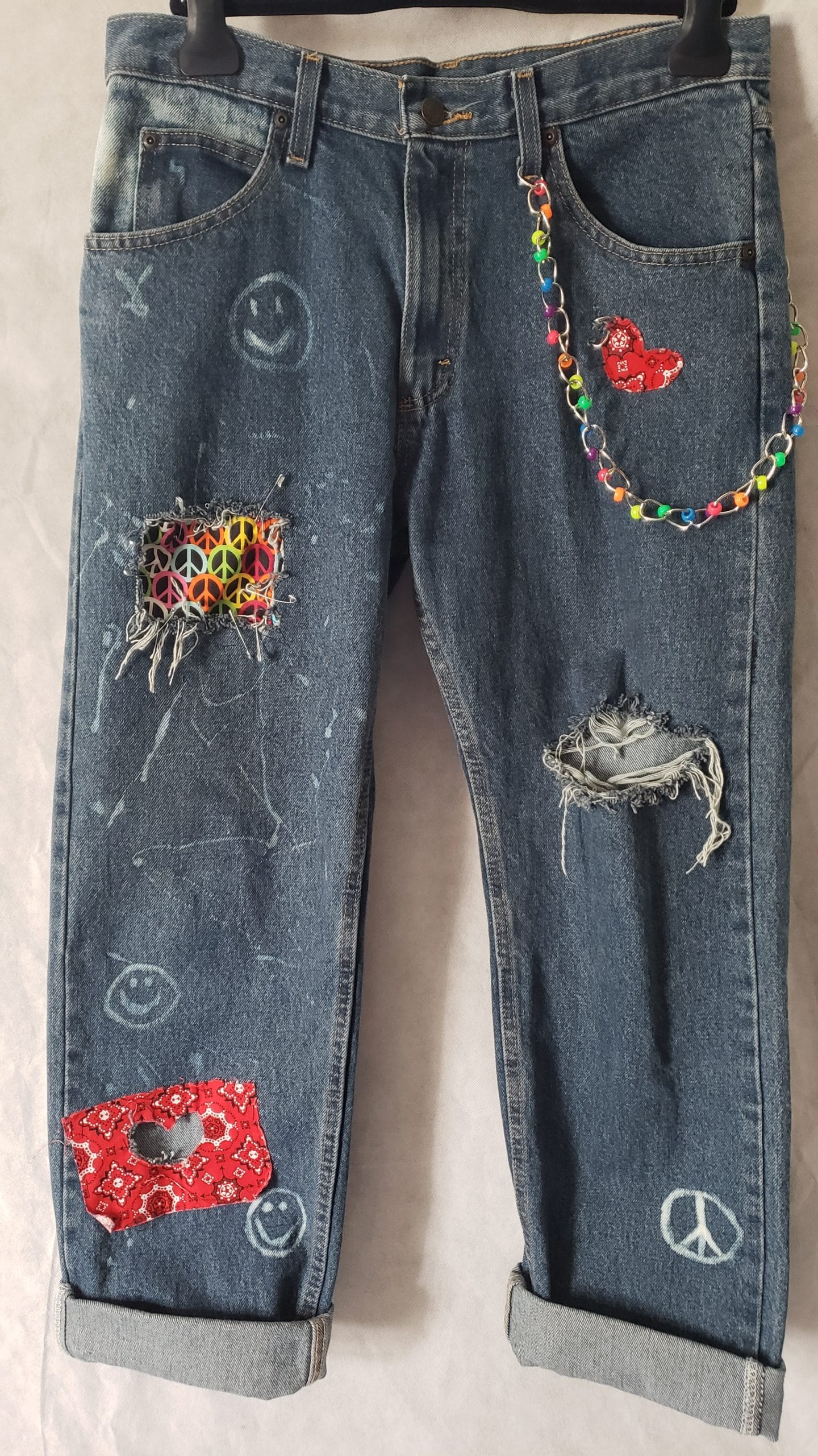 Men’s Upcycled Denim Jeans – Boho Patchwork Peace Wrangler Style – Size 32 - Image 3