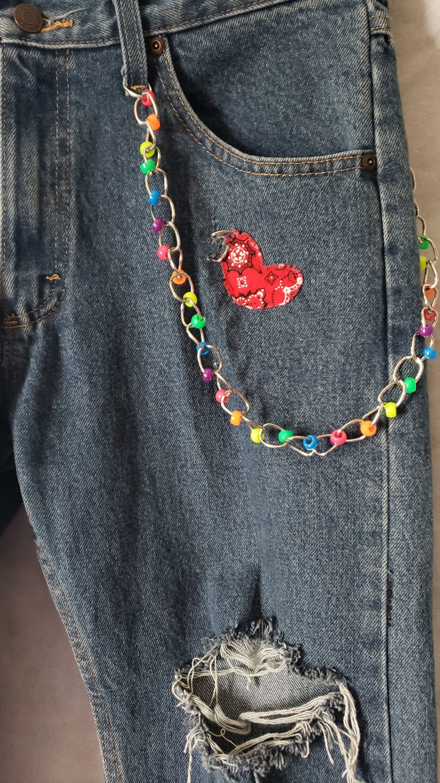 Men’s Upcycled Denim Jeans – Boho Patchwork Peace Wrangler Style – Size 32 - Image 5