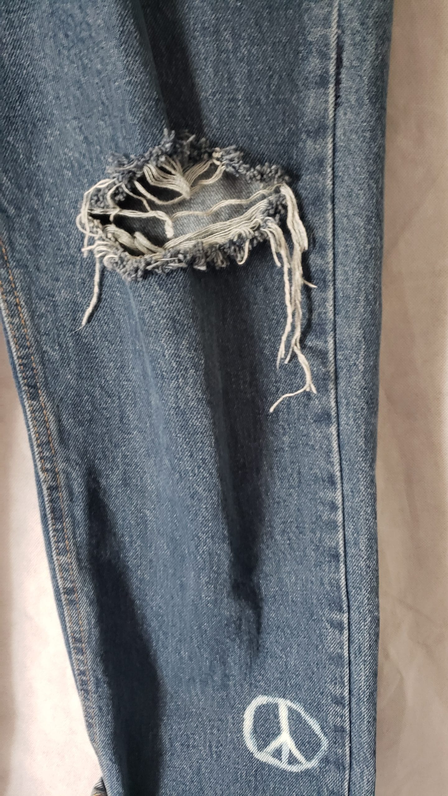 Men’s Upcycled Denim Jeans – Boho Patchwork Peace Wrangler Style – Size 32 - Image 6