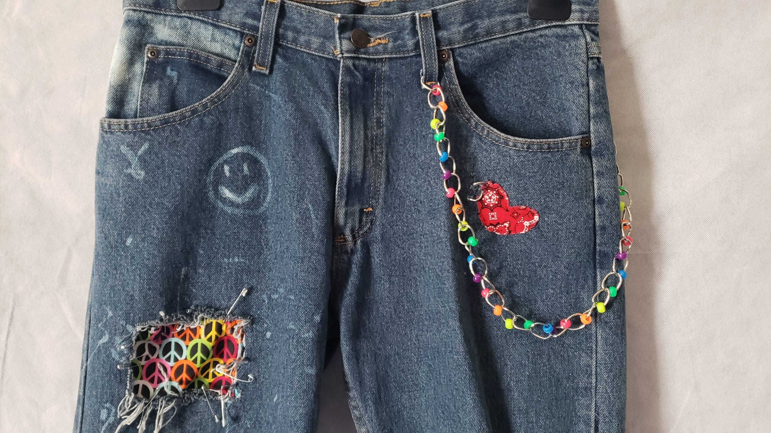 Men’s Upcycled Denim Jeans – Boho Patchwork Peace Wrangler Style – Size 32 - Image 8