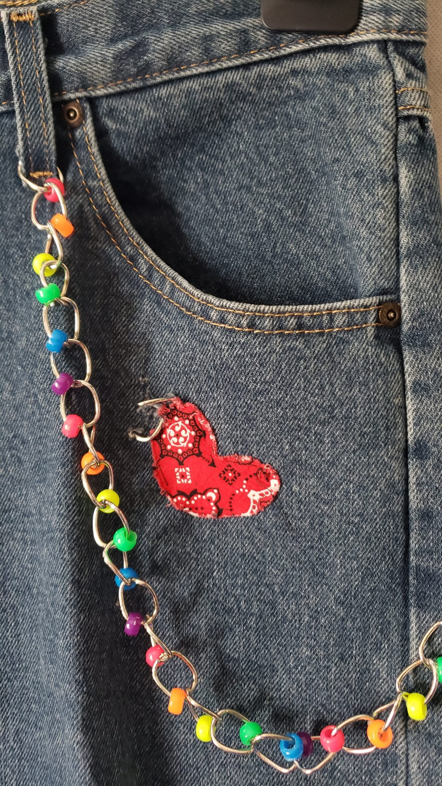 Men’s Upcycled Denim Jeans – Boho Patchwork Peace Wrangler Style – Size 32 - Image 9