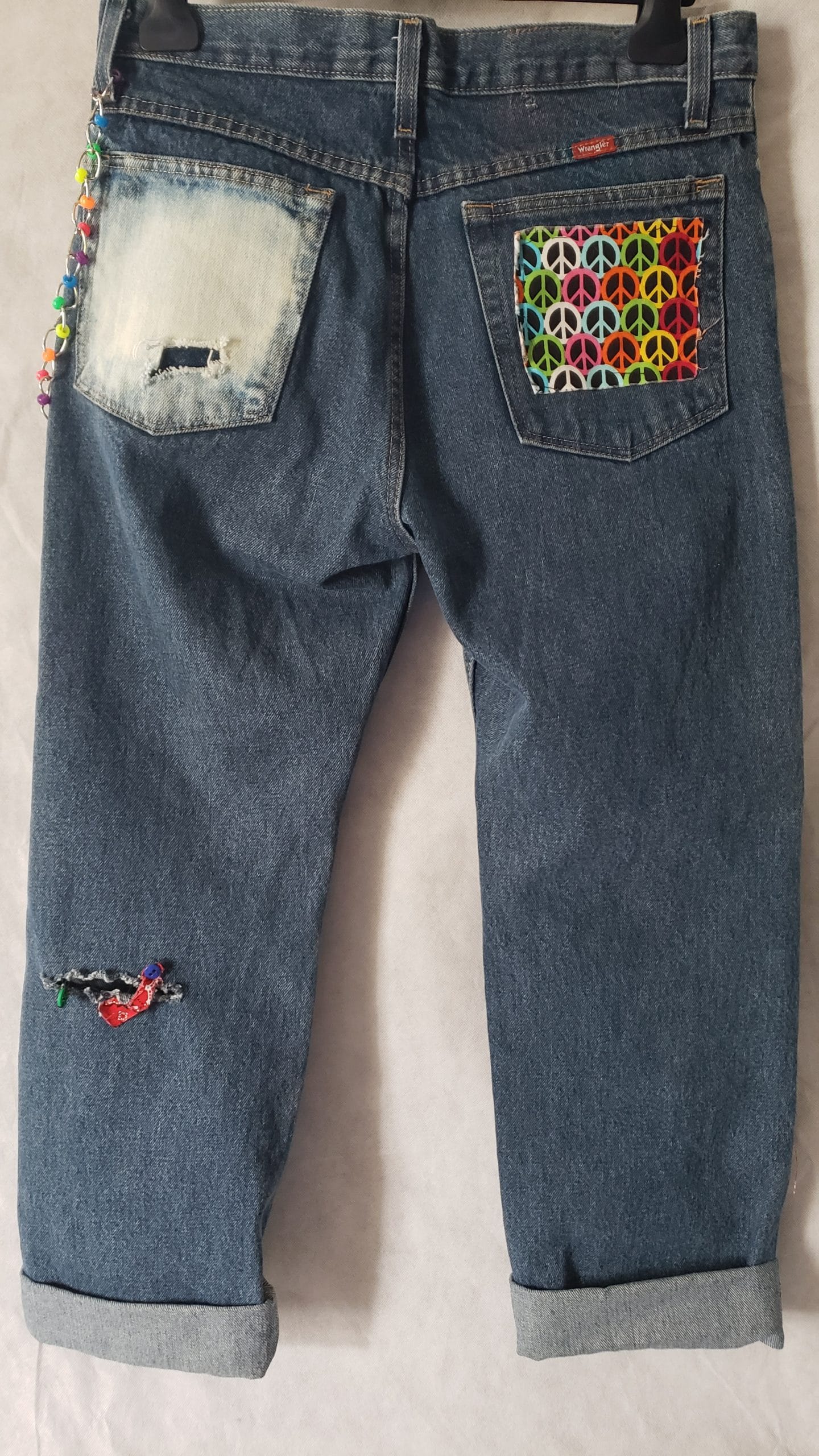 Men’s Upcycled Denim Jeans – Boho Patchwork Peace Wrangler Style – Size 32 - Image 10
