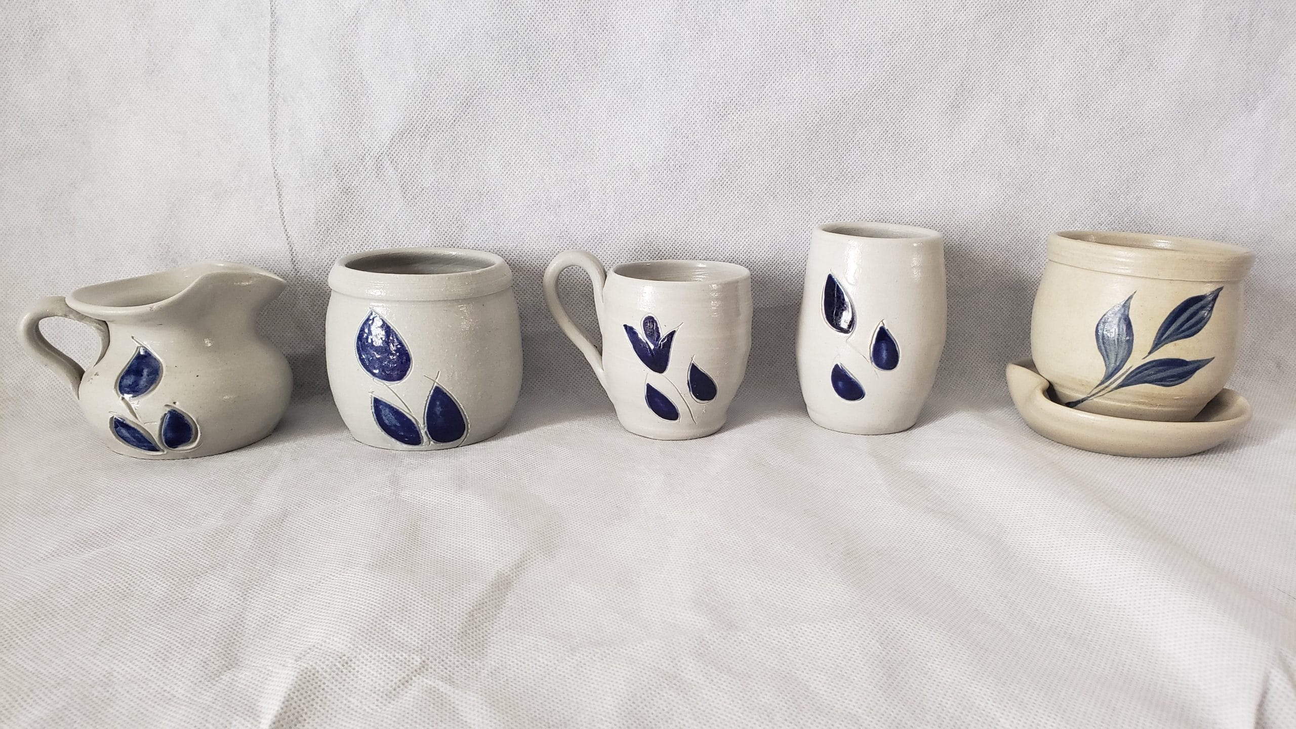 Vintage Williamsburg Cobalt Blue Leaf Art Pottery Mug Teacup Creamer Sugar Bowl Set