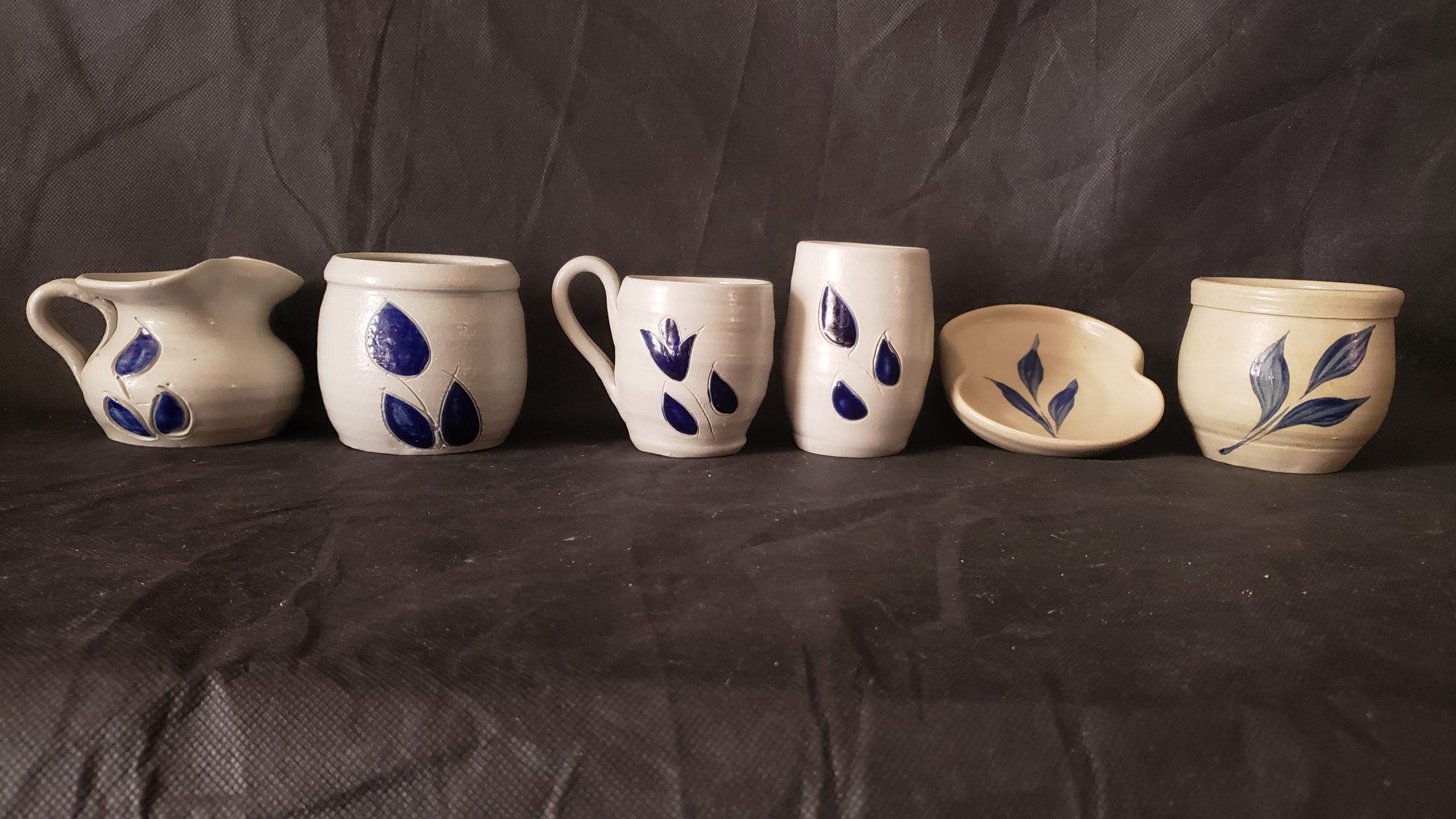 Vintage Williamsburg Cobalt Blue Pottery Tea Set – Leaf Design Cup, Creamer & Sugar - Image 6
