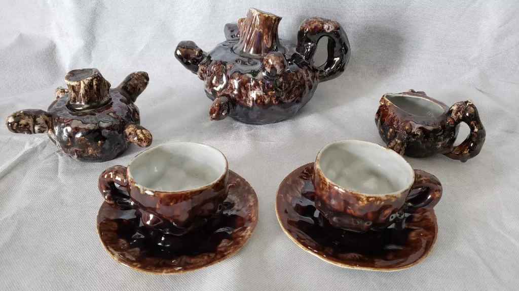 Brown-Drip Tea Set Tree Stump Porcelain Vintage Rustic Ceramic Folk Art Pottery