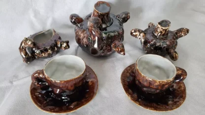 Brown-Drip Tea Set Tree Stump Porcelain Vintage Rustic Ceramic Folk Art Pottery - Image 18