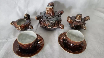 Brown-Drip Tea Set Tree Stump Porcelain Vintage Rustic Ceramic Folk Art Pottery - Image 19