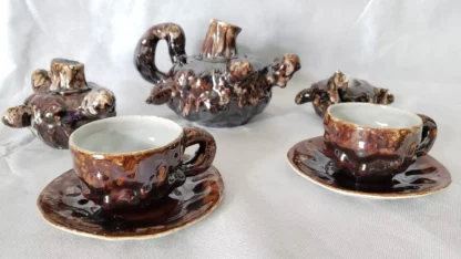 Brown-Drip Tea Set Tree Stump Porcelain Vintage Rustic Ceramic Folk Art Pottery - Image 4