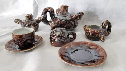 Brown-Drip Tea Set Tree Stump Porcelain Vintage Rustic Ceramic Folk Art Pottery - Image 6