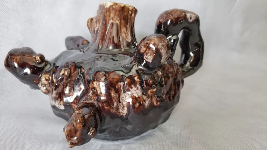 Vintage Brown Drip Porcelain Tea Set – Rustic Tree Stump Folk Art Pottery - Image 9