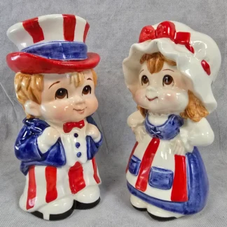 Vintage Lefton Children Uncle Sam Betsy Ross Coin Money Piggy Bank Ceramic Patriotic Character Figurines as 1976 Bicentennial Kids