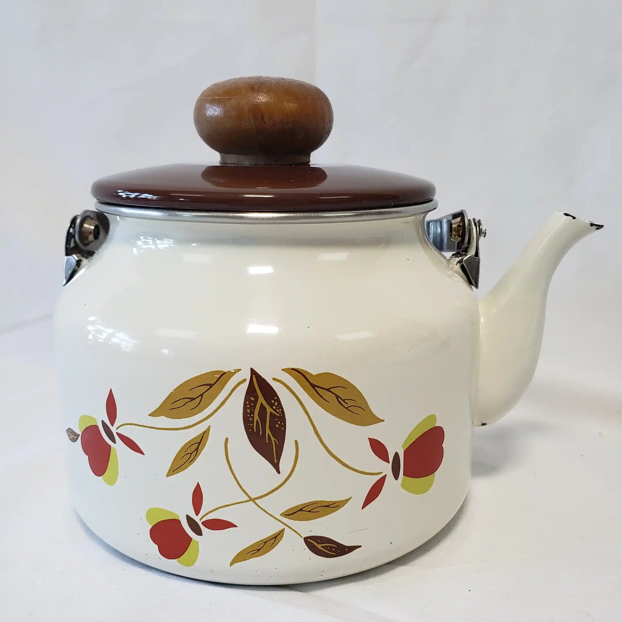 Hall Teapot Enamelware Jewel Tea Pot Autumn Leaf Vintage Enamel Round Metal Kettle - Image 2