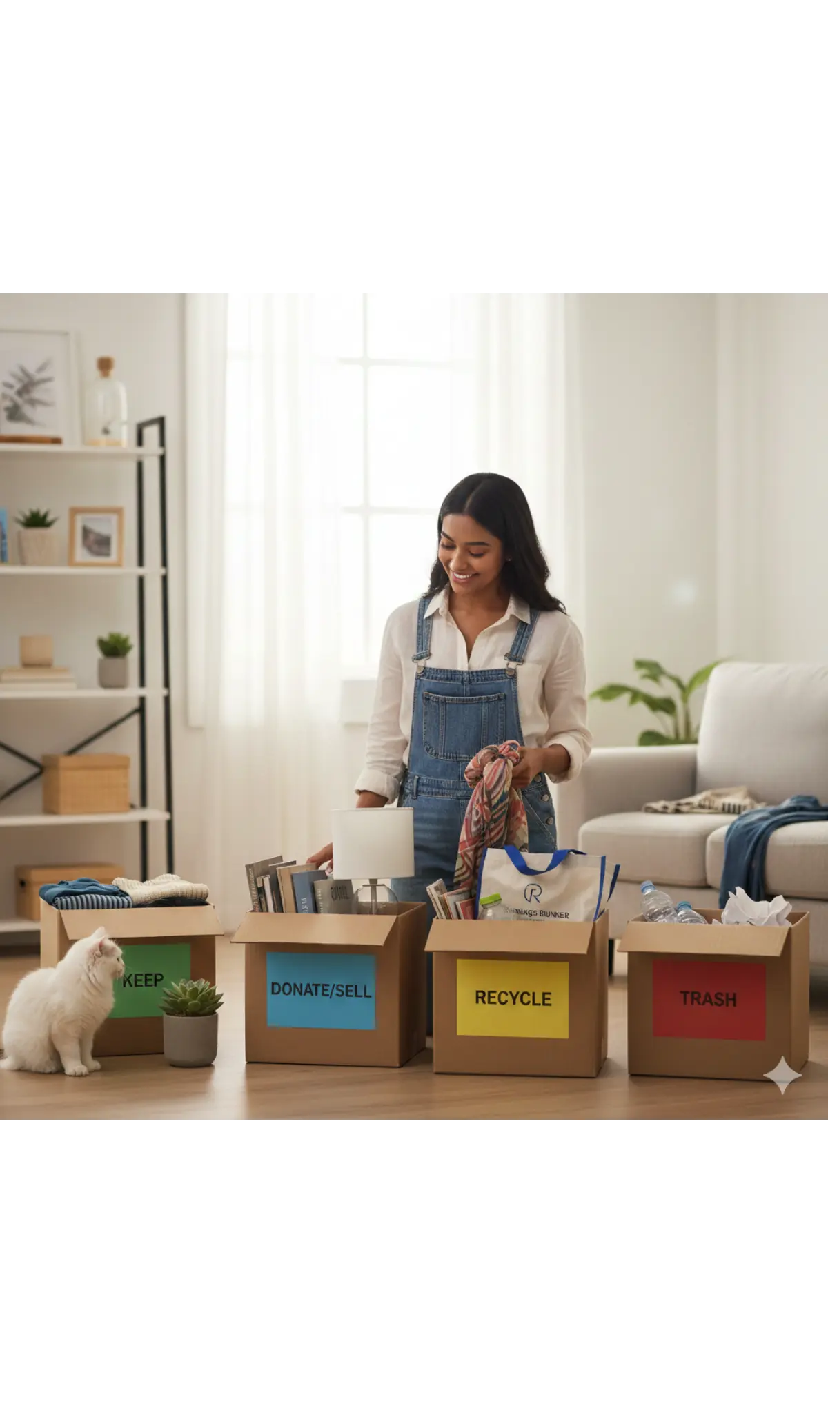 A woman in a bright, modern living room sorting clothes and household items into four cardboard boxes labeled Keep, Donate/Sell, Recycle, and Trash.